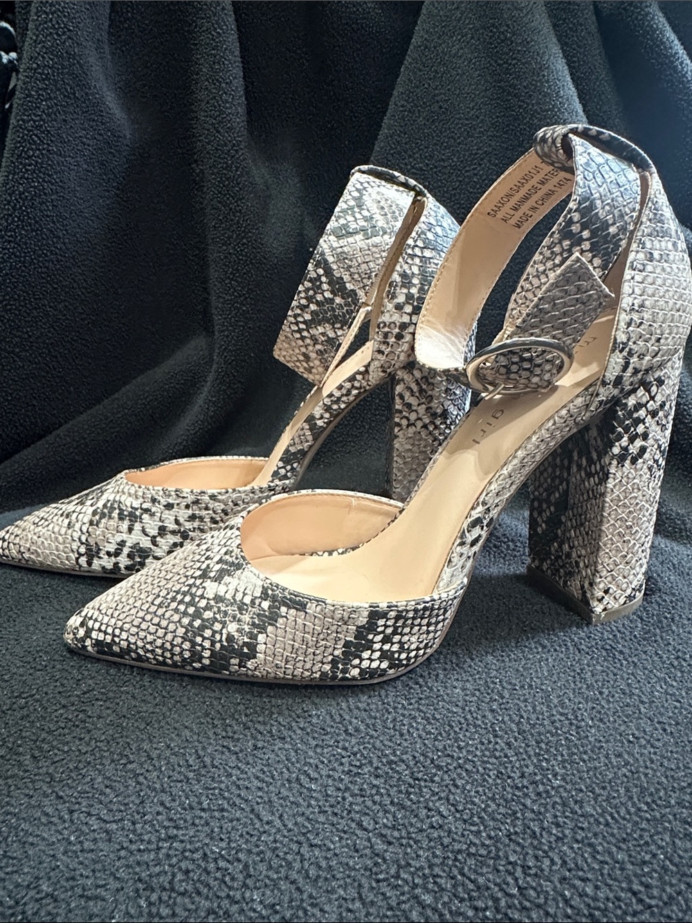 Madden Girl Black and White Snake-Print Ankle Strap Block Heels